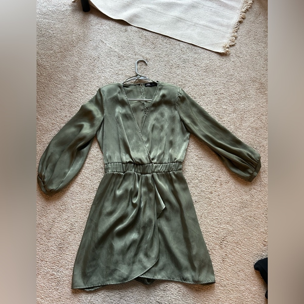 Zara Olive Green Wrap Dress with Long Sleeves